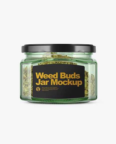 Square Green Glass Jar with Weed Buds Mockup