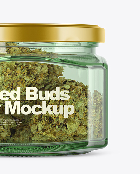 Square Green Glass Jar with Weed Buds Mockup