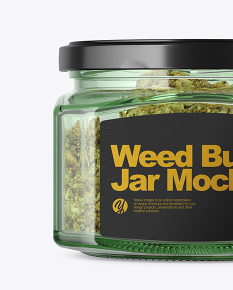 Square Green Glass Jar with Weed Buds Mockup