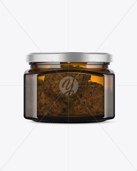 Square Amber Glass Jar with Weed Buds Mockup