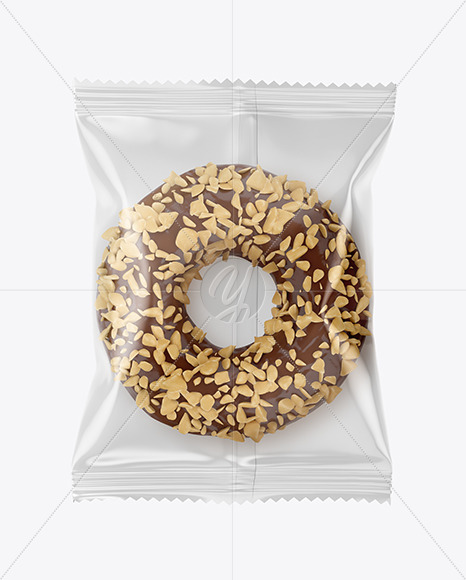 Plastic Bag With Chocolate Glazed Donut with Nut Crumbs Mockup