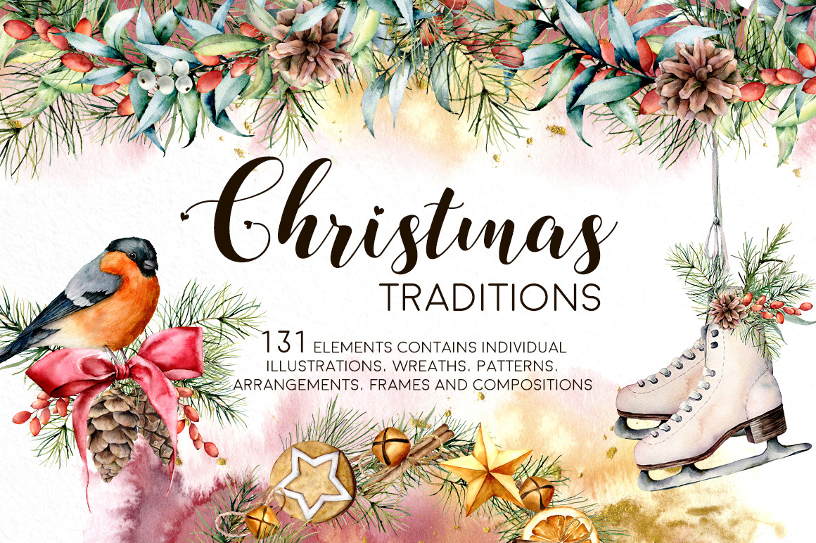 Christmas traditions. Watercolor bundle