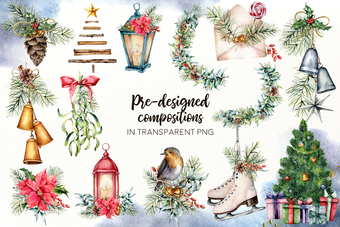 Christmas traditions. Watercolor bundle