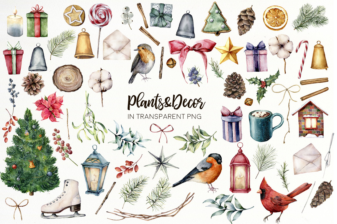 Christmas traditions. Watercolor bundle