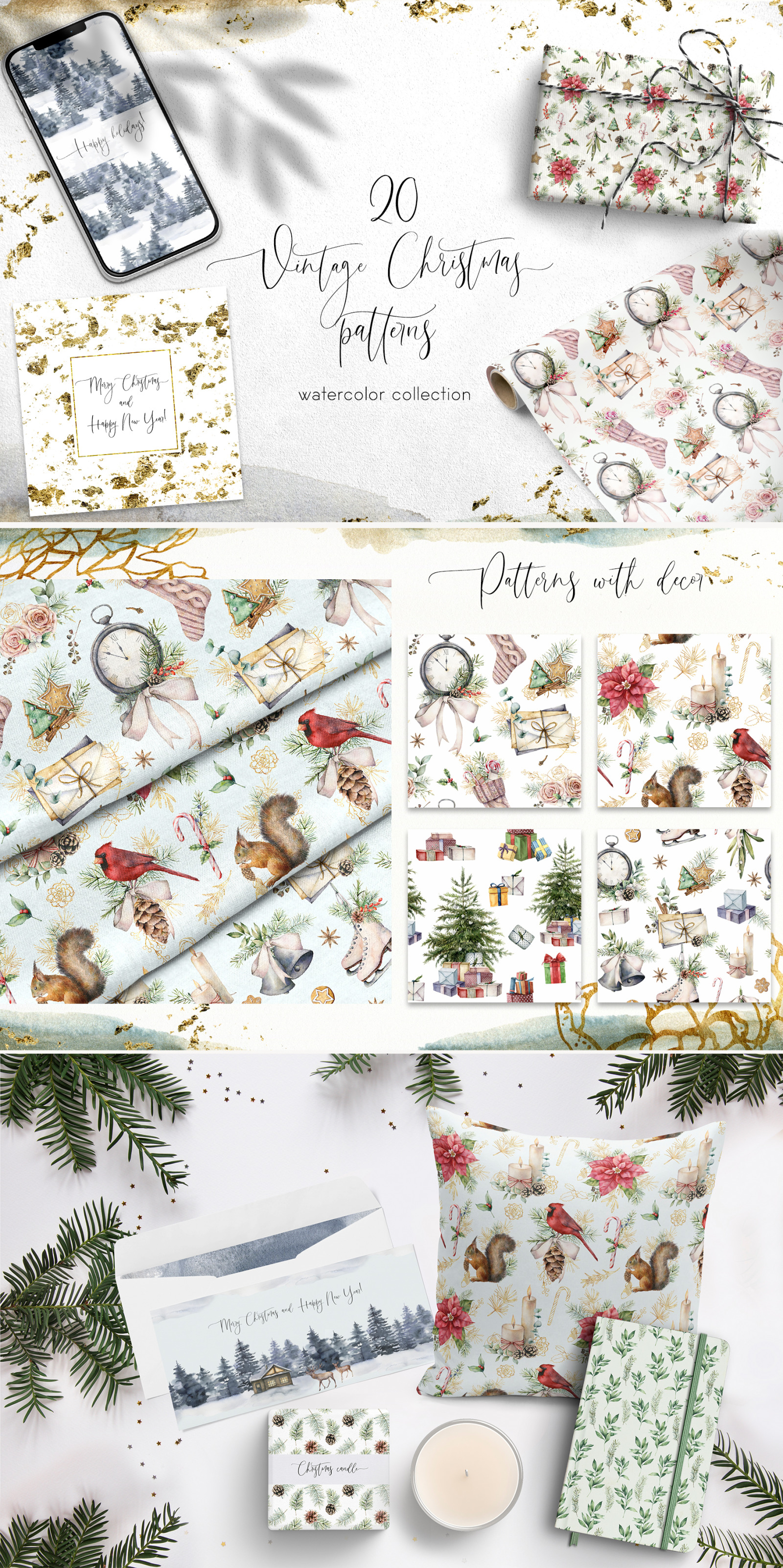 20 Vintage Christmas patterns. Watercolor bundle