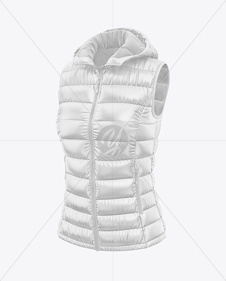 Glossy Women's Down Vest w/Hood Mockup - Front Half Side View