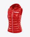 Glossy Women's Down Vest w/Hood Mockup - Front Half Side View