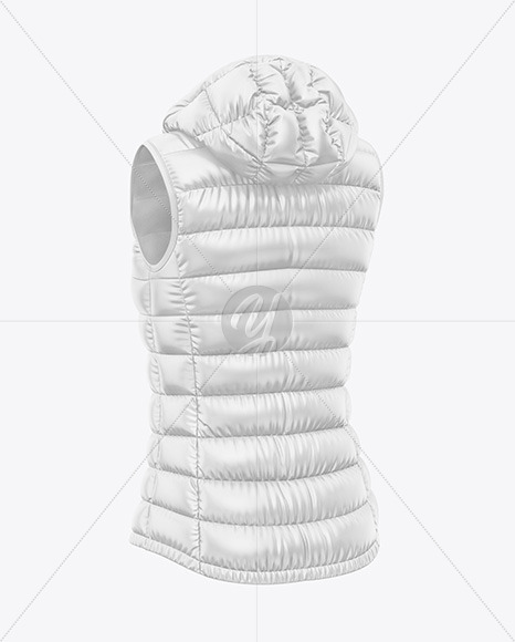 Glossy Women's Down Vest w/Hood Mockup - Back Half Side View