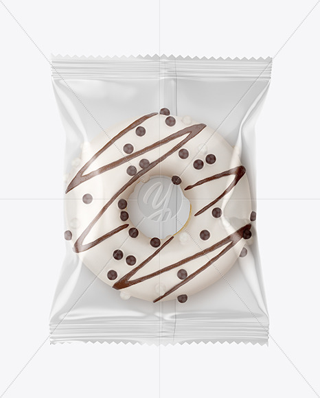 Plastic Bag With White Chocolate Glazed Donut with Sprinkles Mockup