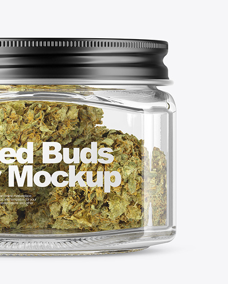 Square Glass Jar with Weed Buds Mockup