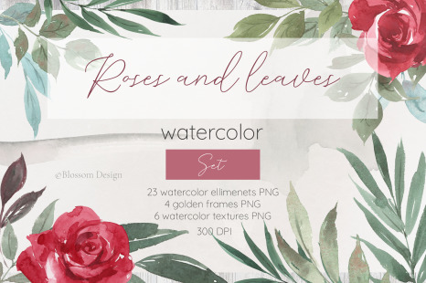 Roses and leaves. Watercolor set. - Tropical beauty