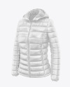 Glossy Women's Down Jacket w/Hood Mockup - Front Half Side View