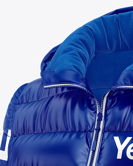 Glossy Women's Down Jacket w/Hood Mockup - Front Half Side View