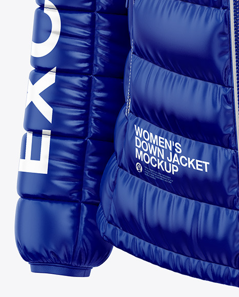 Glossy Women's Down Jacket w/Hood Mockup - Front Half Side View