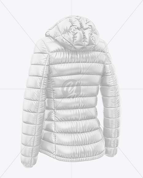 Glossy Women's Down Jacket w/Hood Mockup - Back Half Side View