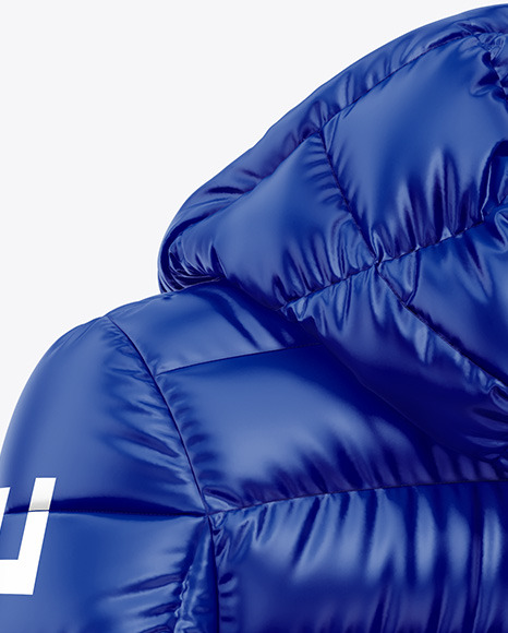 Glossy Women's Down Jacket w/Hood Mockup - Back Half Side View