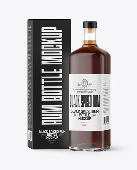 Black Rum Bottle with Box Mockup