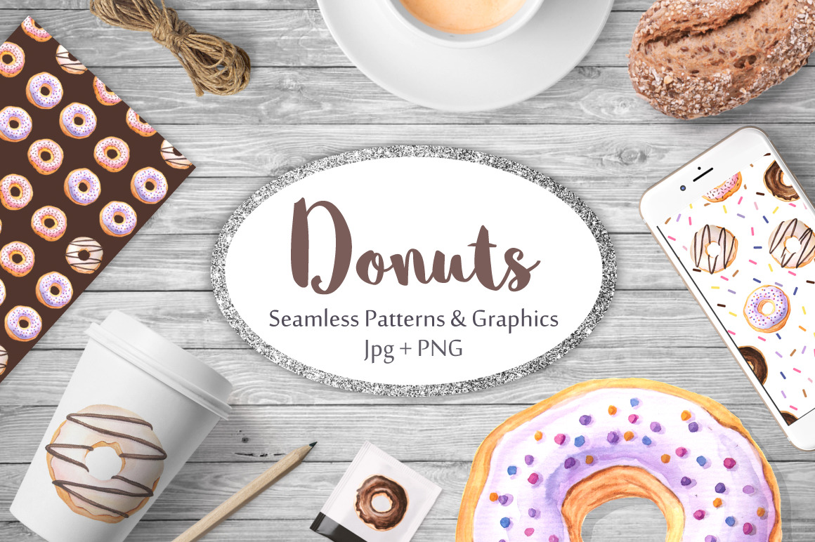 Watercolor Donuts Patterns&Graphics Watercolor Donuts Patterns&Graphics