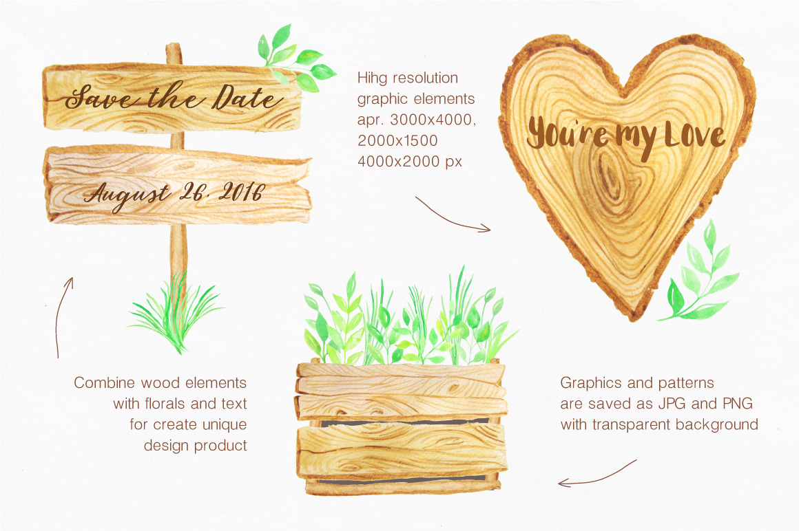 Watercolor Wooden Design Set Watercolor Wooden Design Set