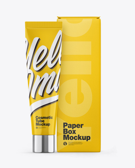 Glossy Cosmetic Tube w/ Box Mockup