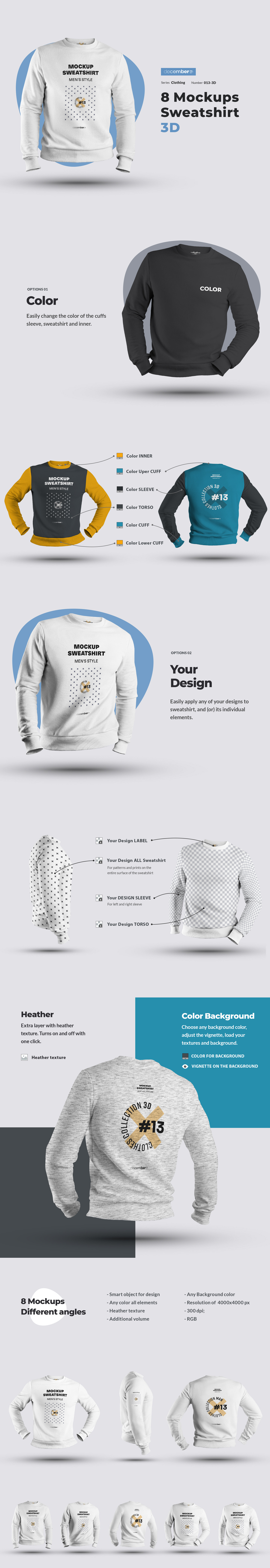 8 Mockups Mens 3D Sweatshirt