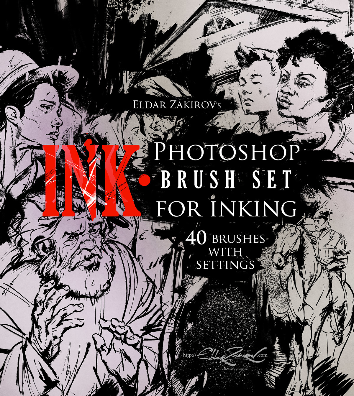 &#039;INK.&#039; 40 Photoshop Brushes for Inking + Photoshop Action for halftone removing