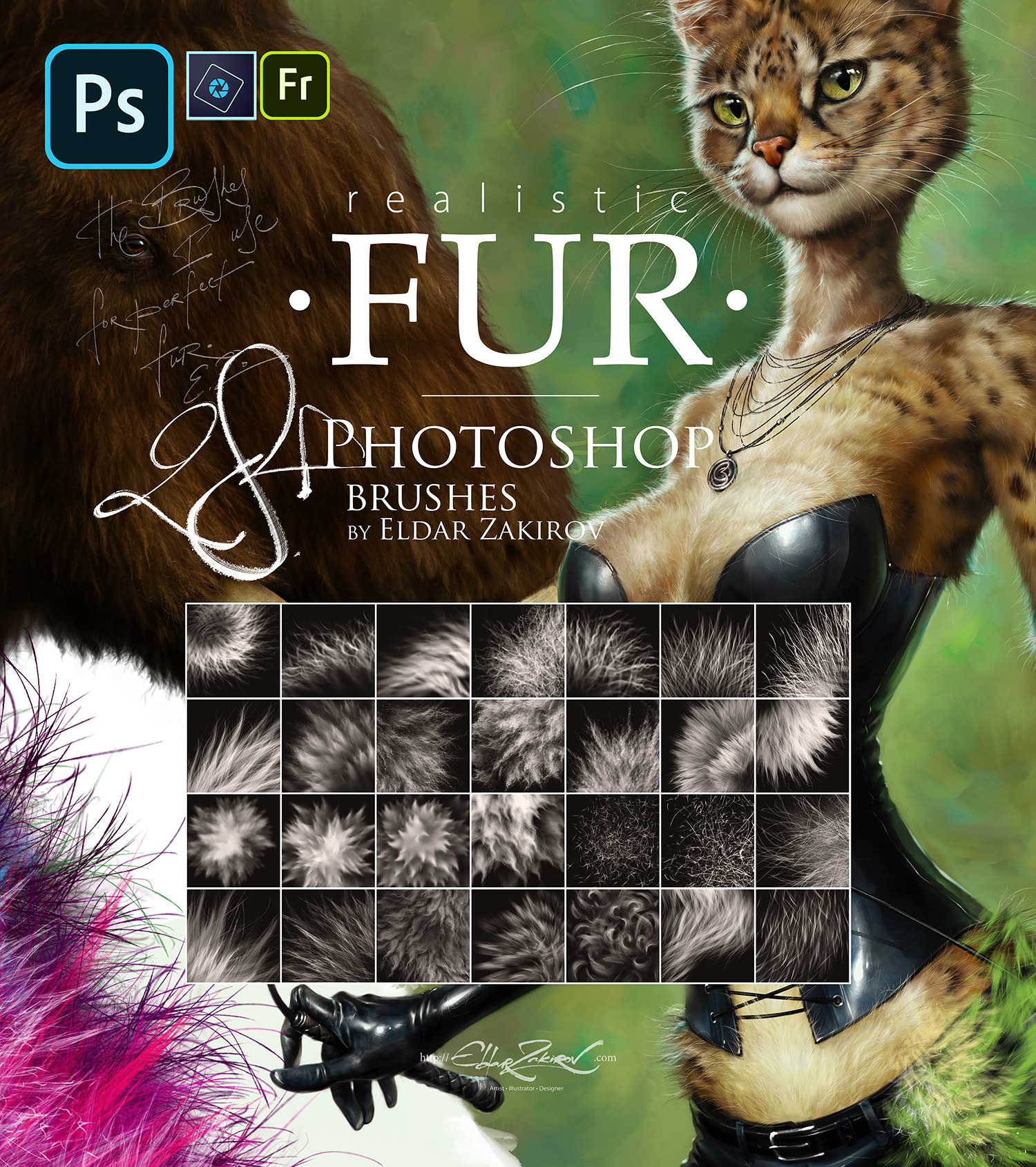 Realistic FUR. 28 Brushes with settings for Photoshop, PS Elements and Adobe Fresco. Updated