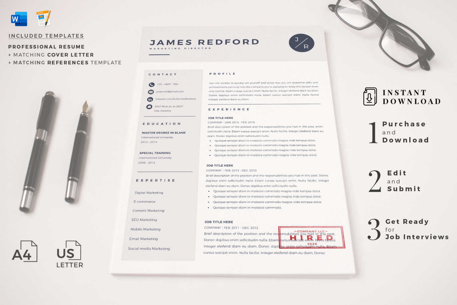 Marketing Resume, CV. Professional Resume Template for Ms Word and Pages + Cover Letter &amp; References