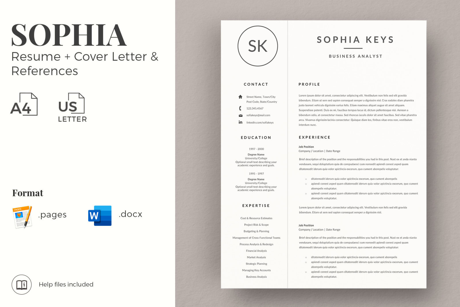 Minimalist Resume CV Layout with Logo for MS Word &amp; Mac Pages + Cover Letter + References + icon set