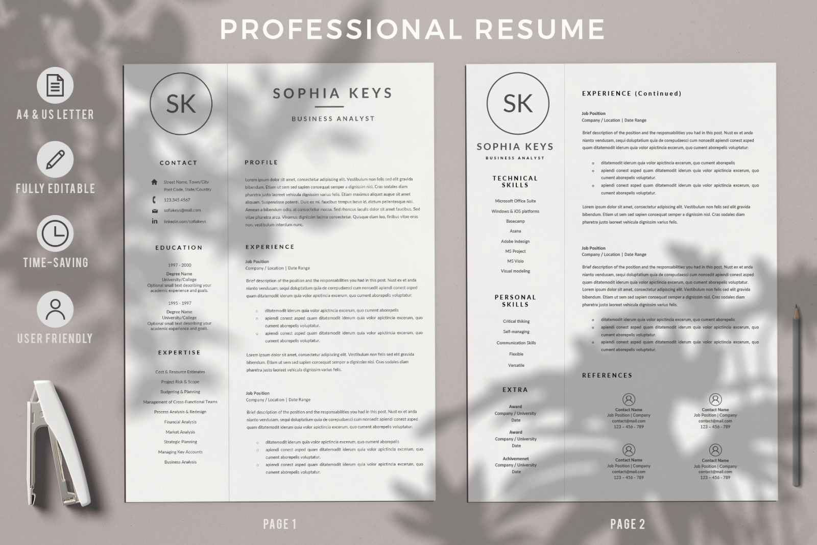 Minimalist Resume CV Layout with Logo for MS Word &amp; Mac Pages + Cover Letter + References + icon set