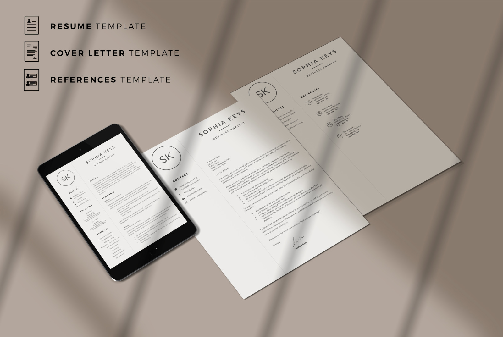 Minimalist Resume CV Layout with Logo for MS Word &amp; Mac Pages + Cover Letter + References + icon set