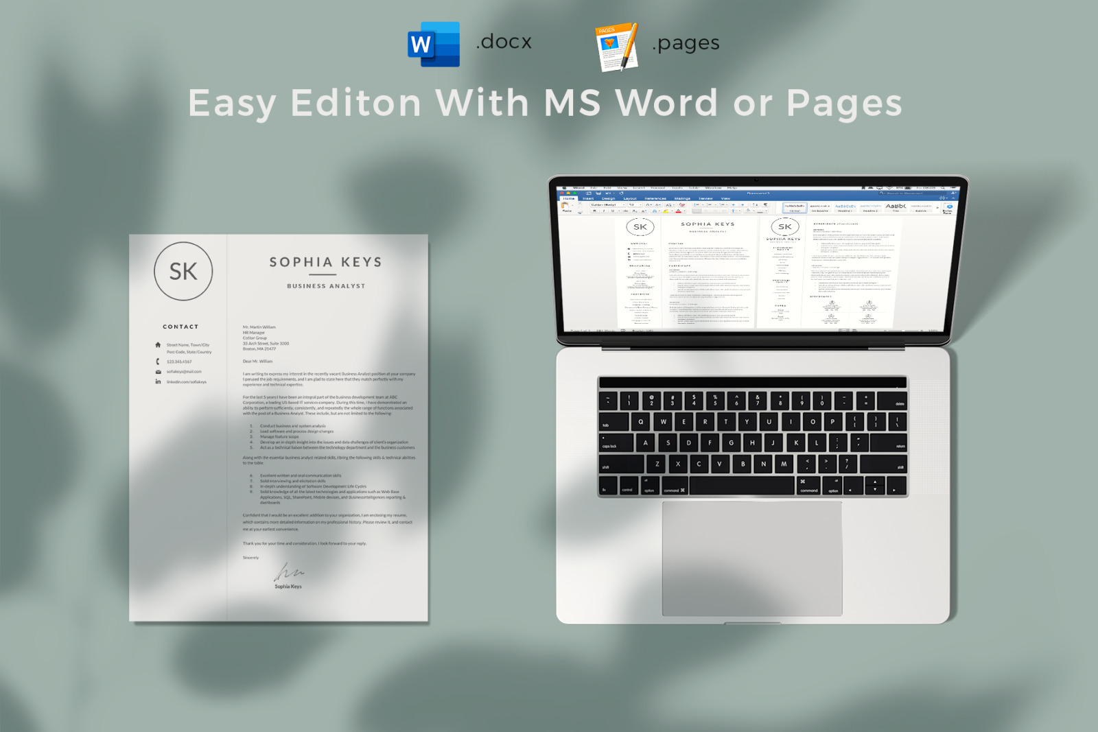 Minimalist Resume CV Layout with Logo for MS Word &amp; Mac Pages + Cover Letter + References + icon set