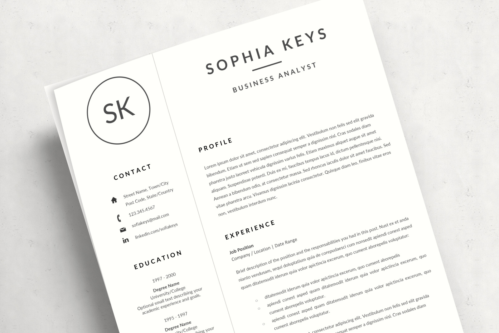 Minimalist Resume CV Layout with Logo for MS Word &amp; Mac Pages + Cover Letter + References + icon set