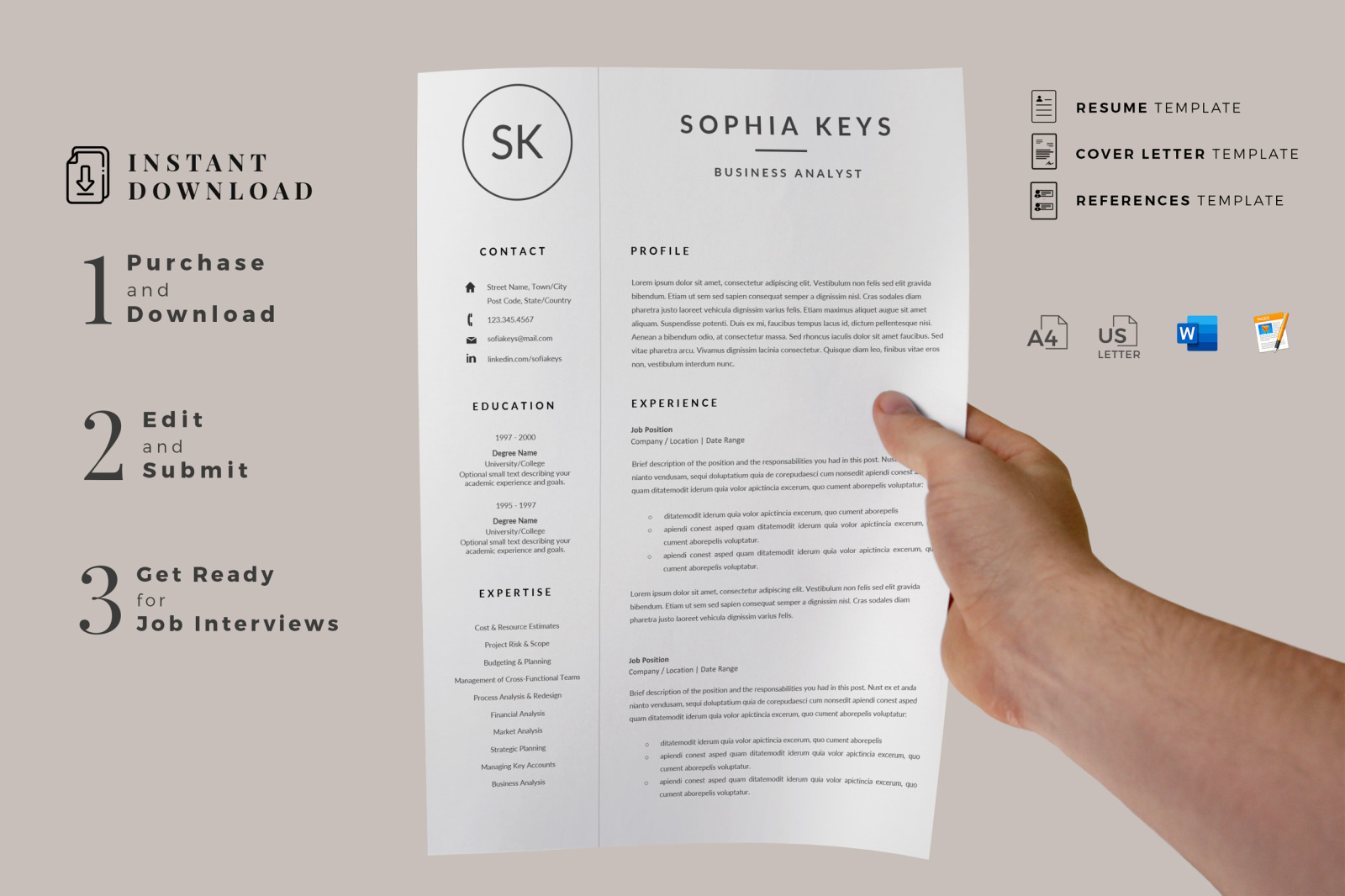 Minimalist Resume CV Layout with Logo for MS Word &amp; Mac Pages + Cover Letter + References + icon set