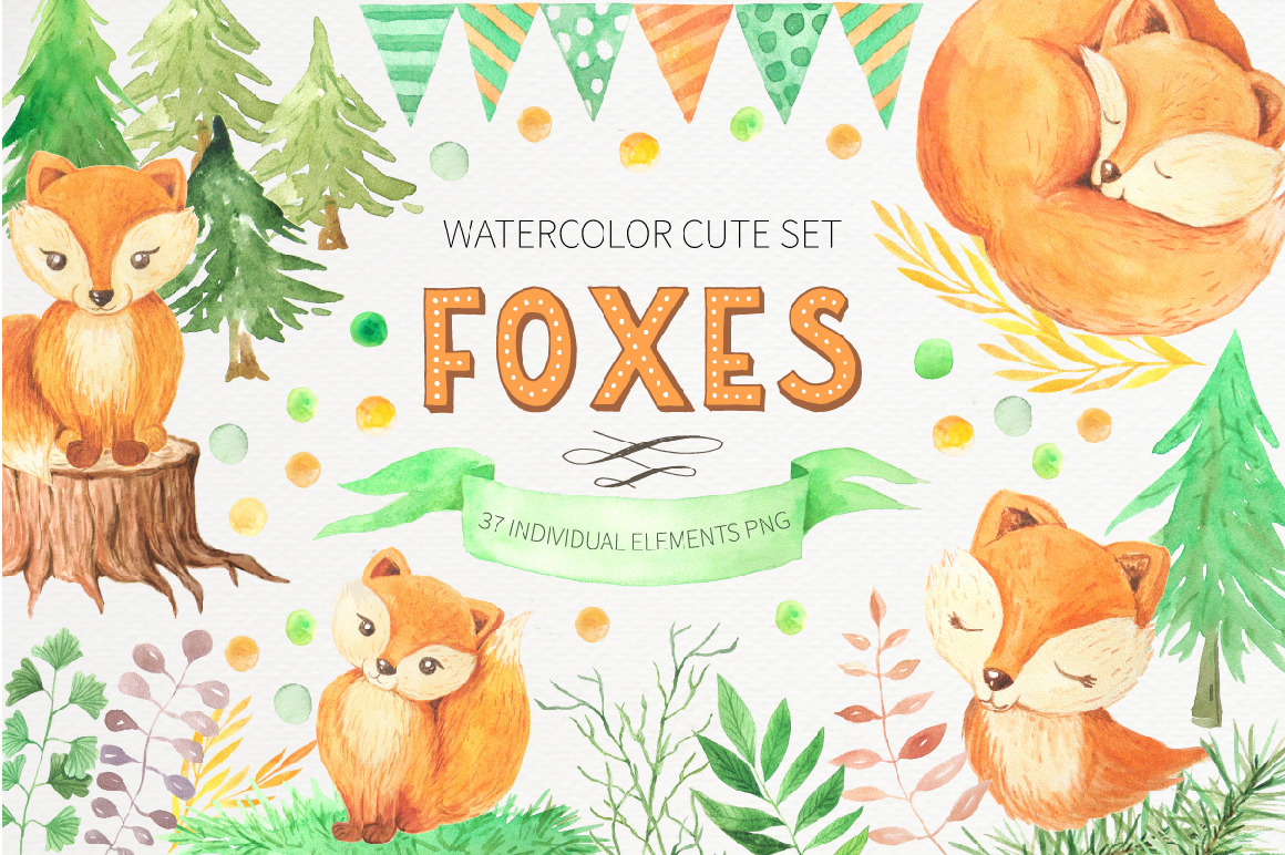 Watercolor Cute Foxes and Floral Set Watercolor Cute Foxes and Floral Set