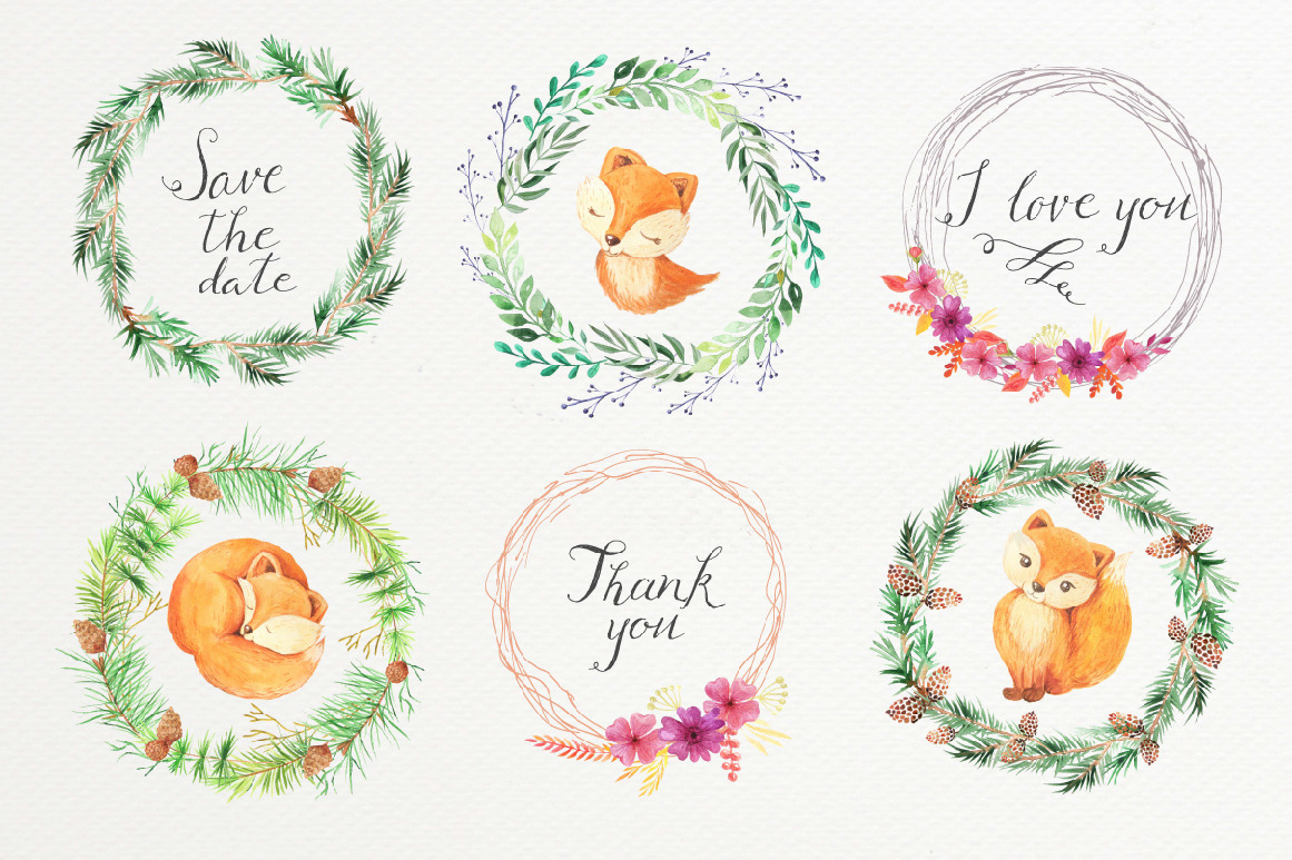 Watercolor Cute Foxes and Floral Set