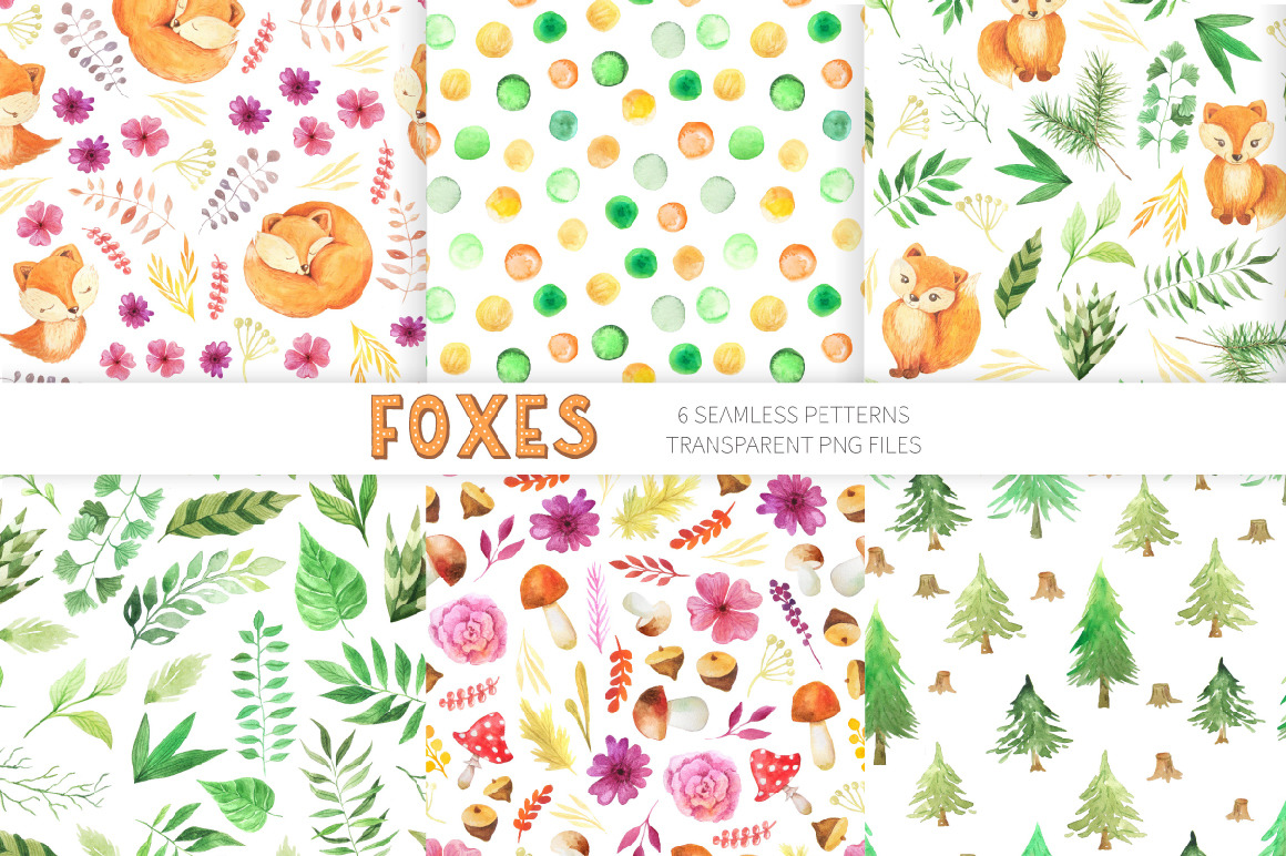 Watercolor Cute Foxes and Floral Set