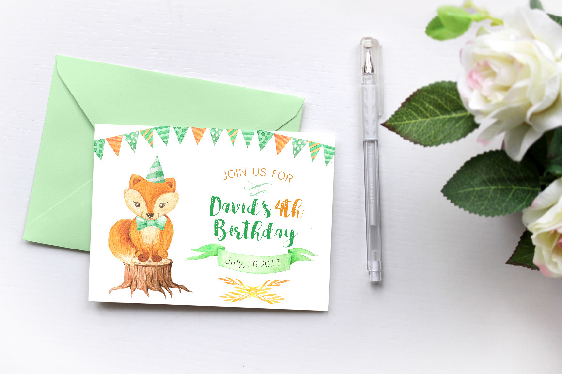 Watercolor Cute Foxes and Floral Set