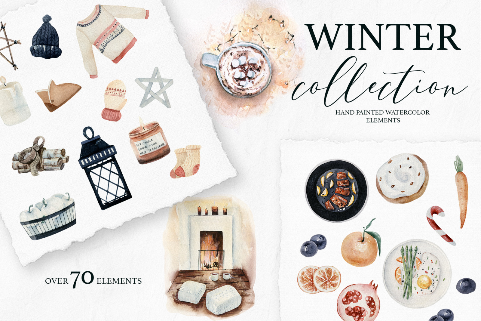 Winter Season Watercolor collection, fashioon, foods watercolor christmas elements