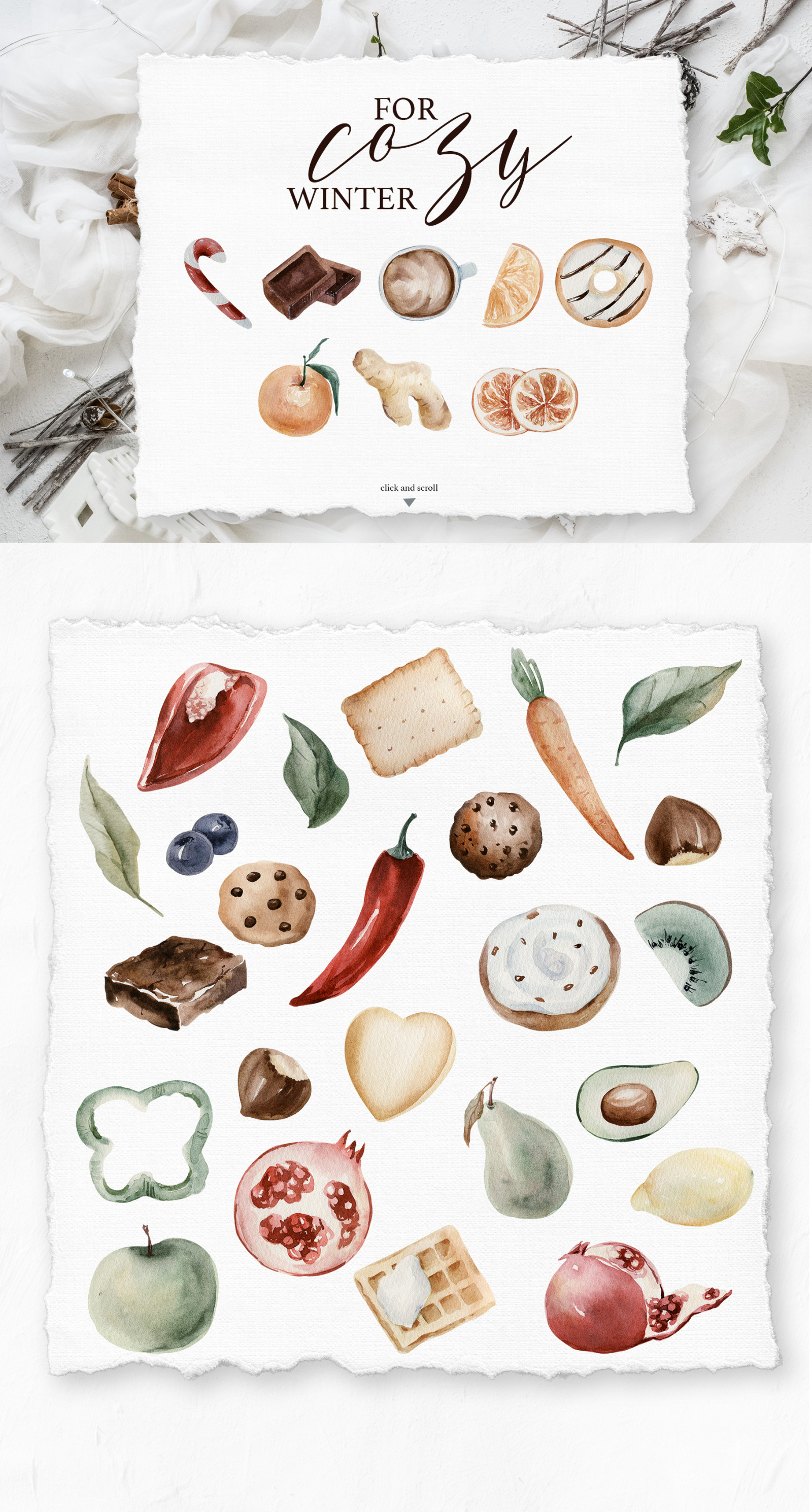 Winter Season Watercolor collection, fashioon, foods watercolor christmas elements