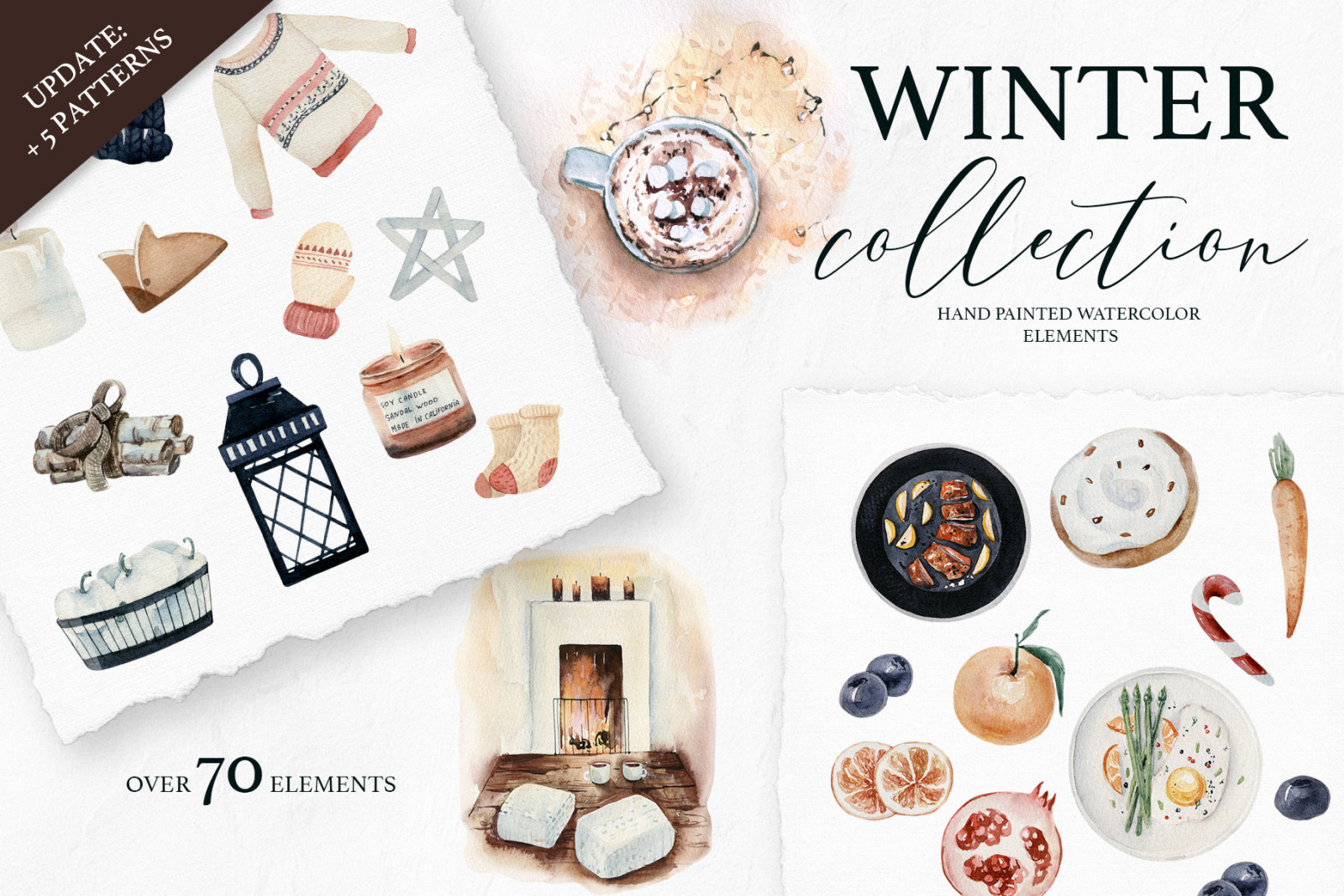 Winter Season Watercolor collection, fashioon, foods watercolor christmas elements