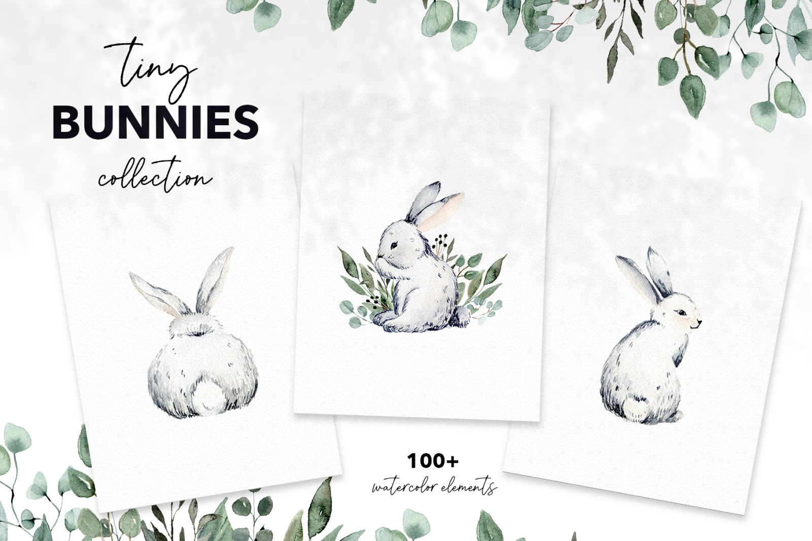 TINY BUNNIES COLLECTION, Easter watercolor greenery foliage clipart