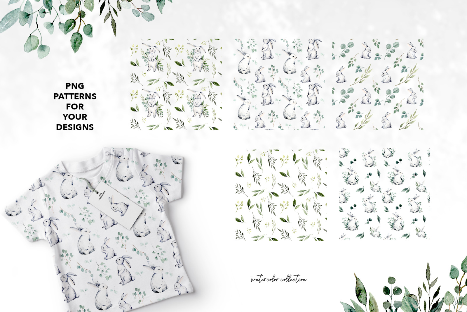 TINY BUNNIES COLLECTION, Easter watercolor greenery foliage clipart