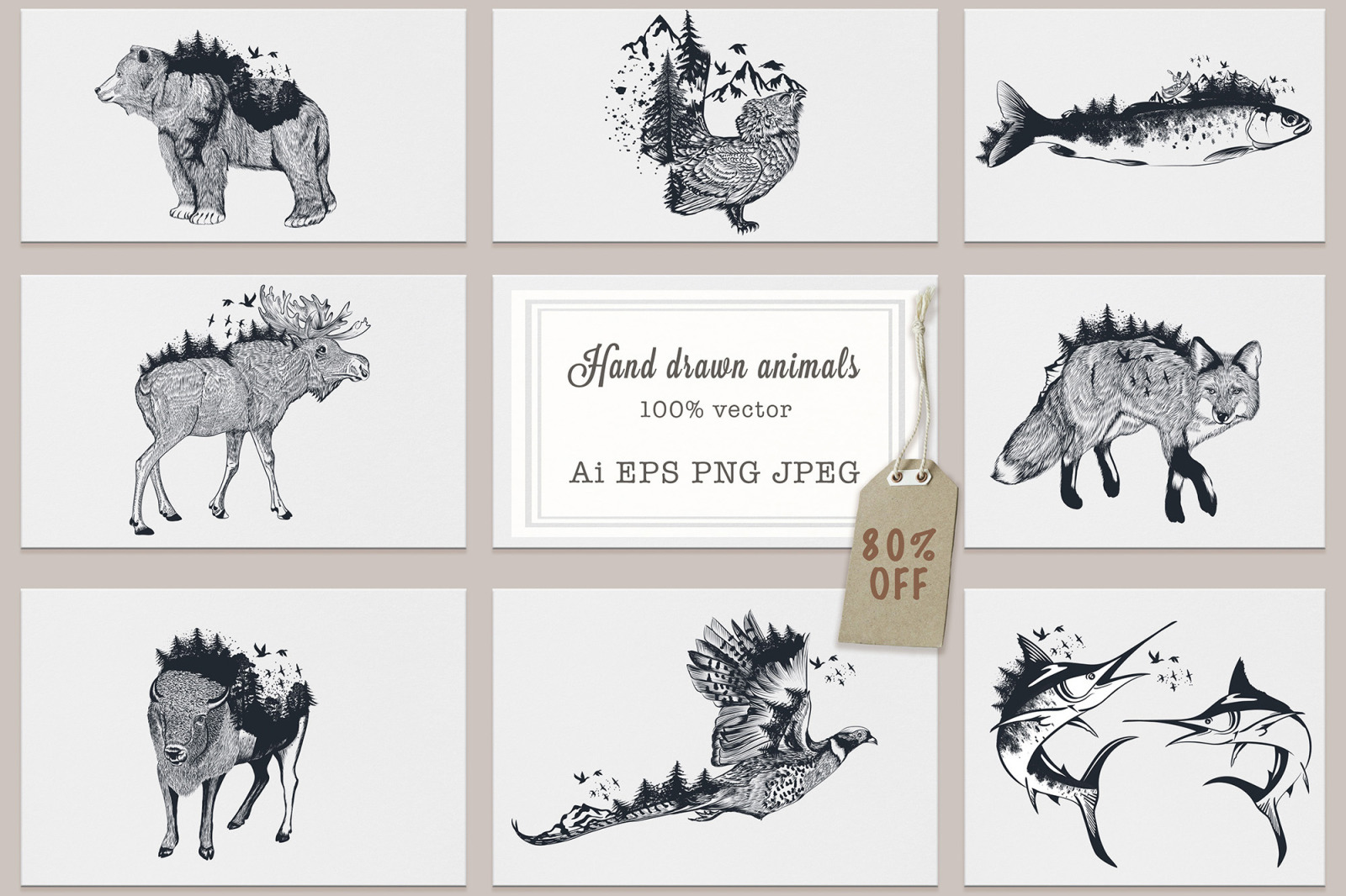 Bundle of artistic vector hand drawn animals Bundle of artistic vector hand drawn animals