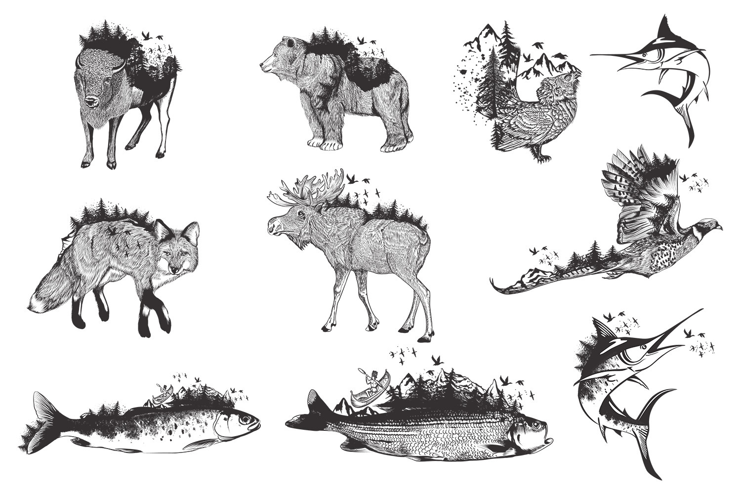 Bundle of artistic vector hand drawn animals