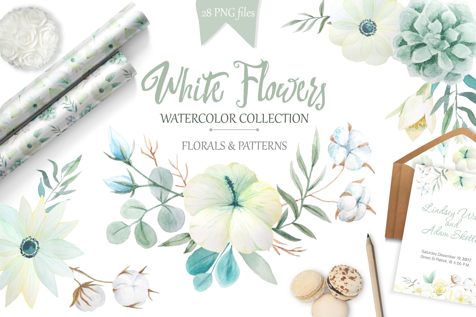 Watercolor White Flowers Set Watercolor White Flowers Set