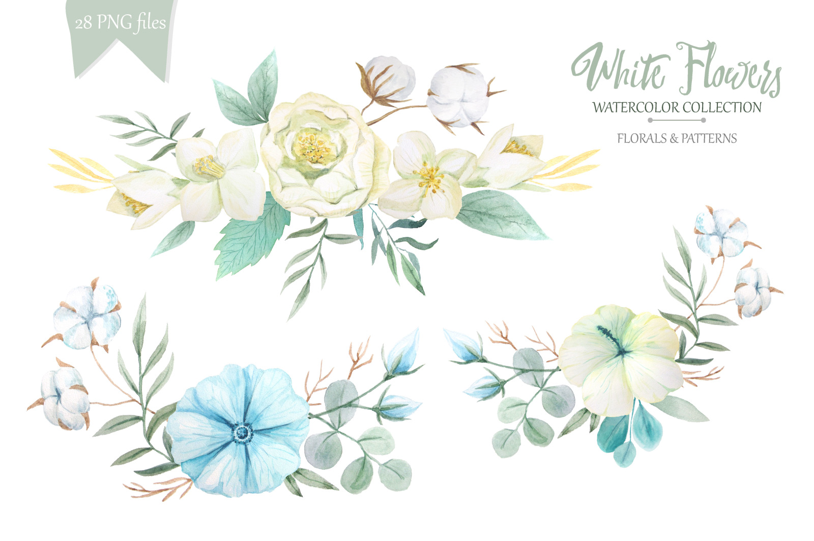 Watercolor White Flowers Set Watercolor White Flowers Set