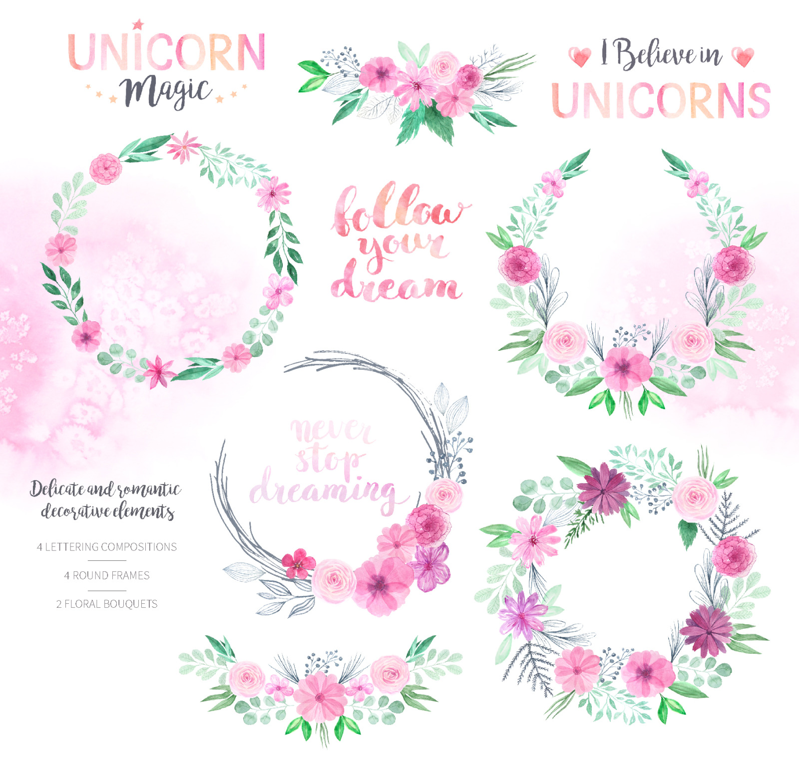 Watercolor Unicorn Design Set Watercolor Unicorn Design Set