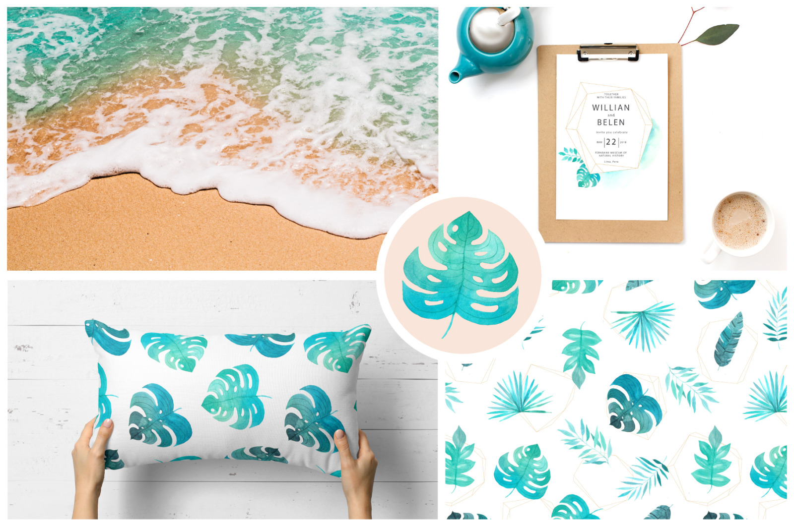 Watercolor Tropical Leaves &amp; Frames