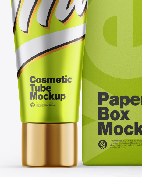 Metallic Cosmetic Tube w/ Box Mockup